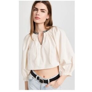 RE/DONE Victorian Cut Off Blouse XS Vintage Ivory Balloon‎ Sleeve Ruffle Cuffs